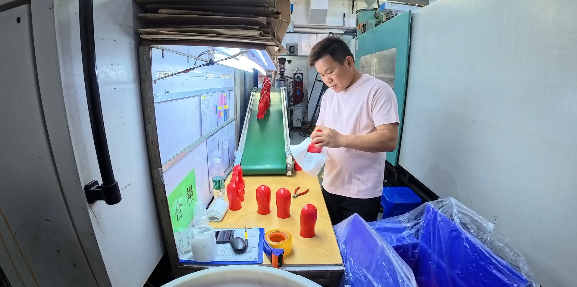 Manual inspection and handling process in our pet products factory